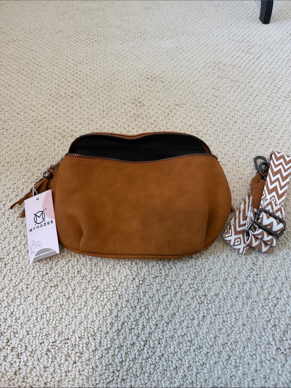 Tan Suede Crossbody Bag with Patterned Strap
